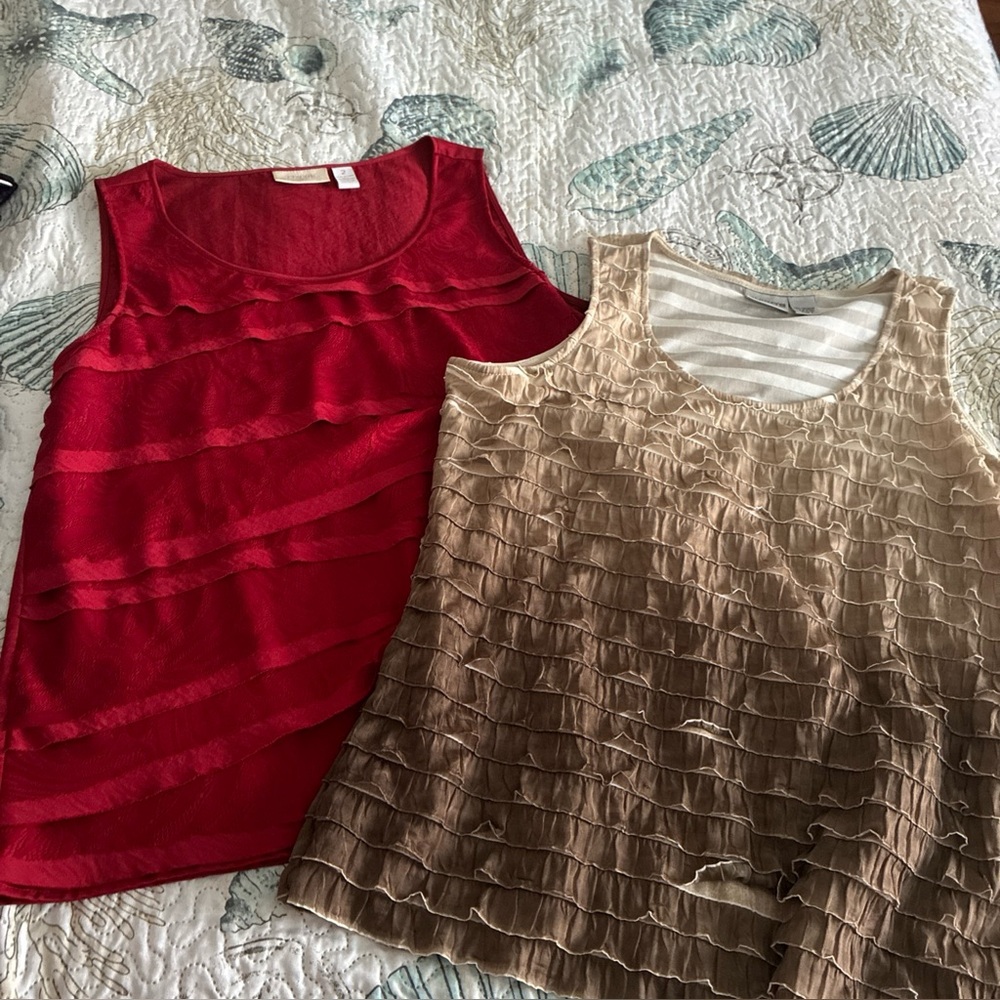 Lot of 2 Chico’s ruffled lined tank tops size 2. Red and brown